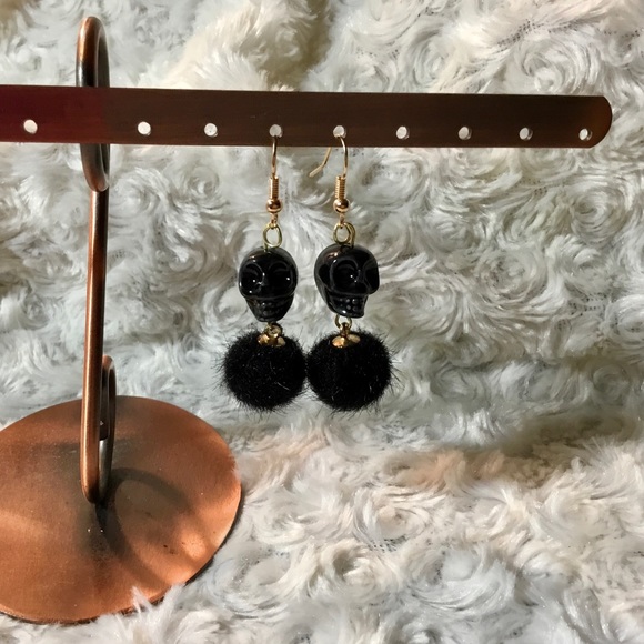 centiasodd Jewelry - Pom pom Skull Dangle Earrings Midnight 2in long